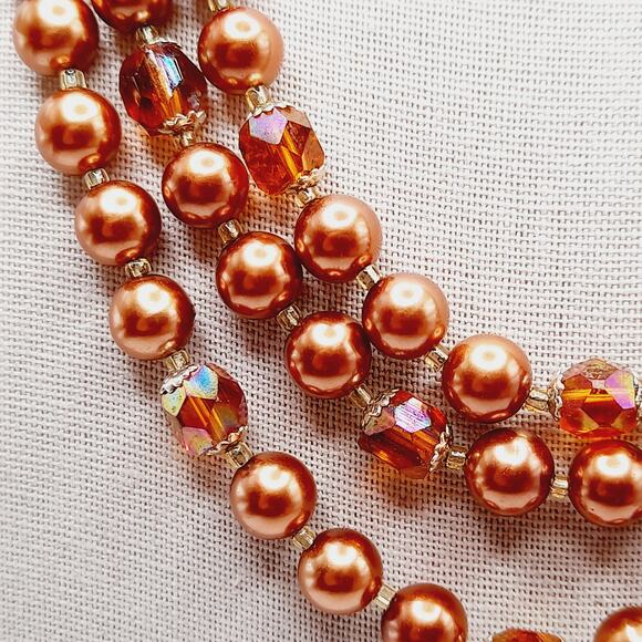 Vintage Japan 1950s Copper Pearl Necklace 3-Strand w/ Topaz Crystals, 18" - Picture 5 of 11